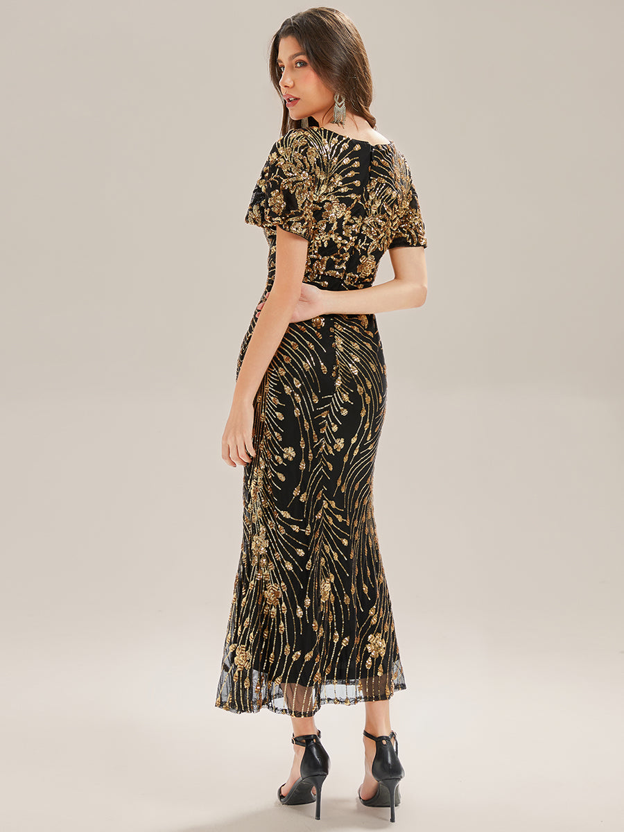 Robe D'invité De Mariage En Mousseline De Soie Mi-Longue Plissée à Manches à Volants Et Col En V #Couleur_Noir & Or