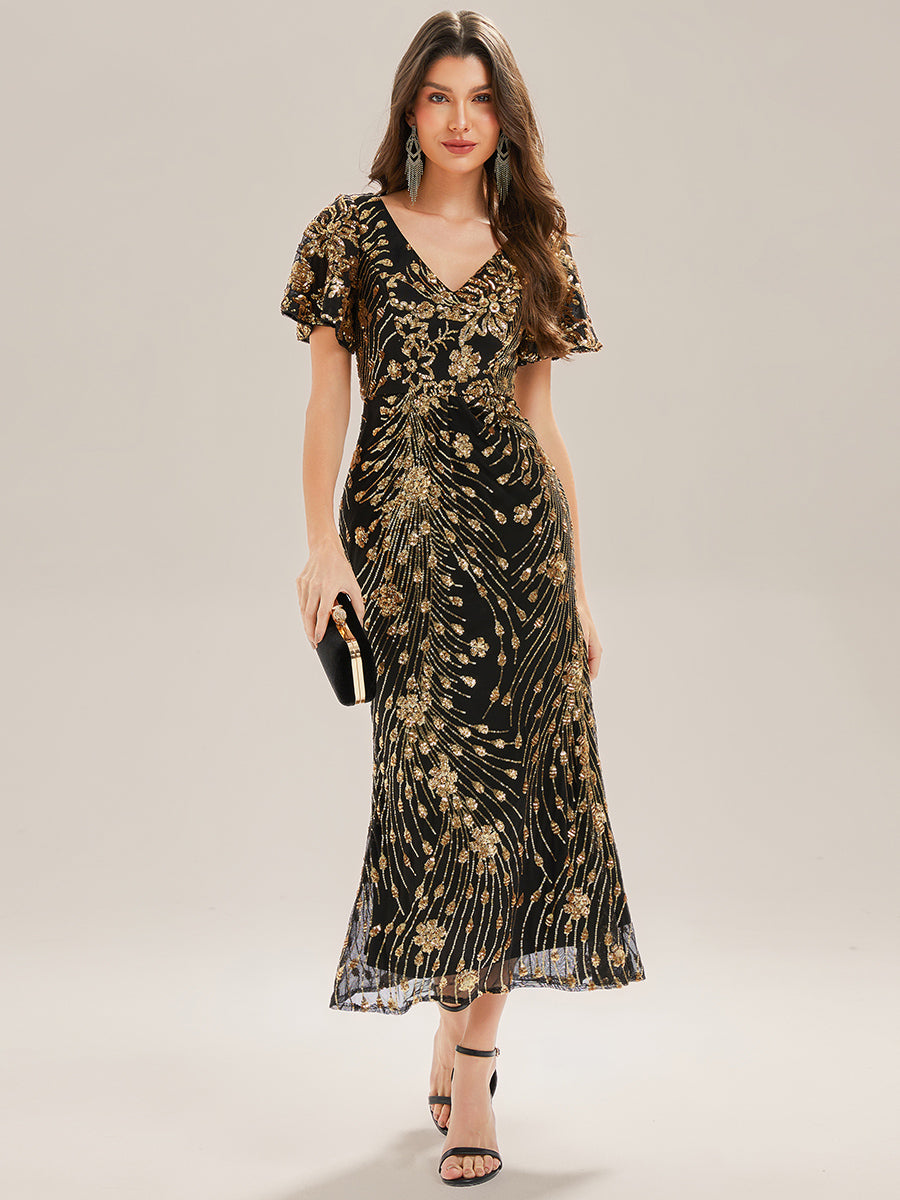 Robe D'invité De Mariage En Mousseline De Soie Mi-Longue Plissée à Manches à Volants Et Col En V #Couleur_Noir & Or