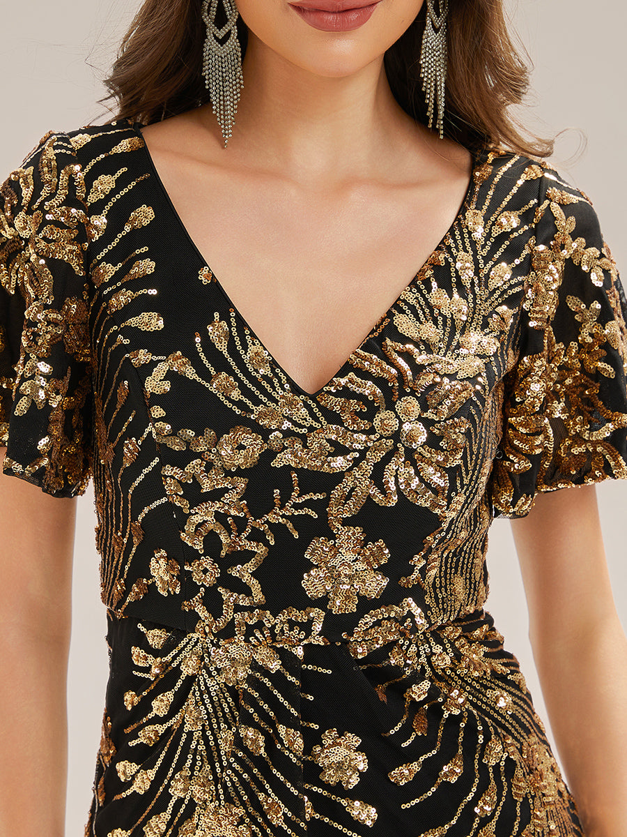 Robe D'invité De Mariage En Mousseline De Soie Mi-Longue Plissée à Manches à Volants Et Col En V #Couleur_Noir & Or