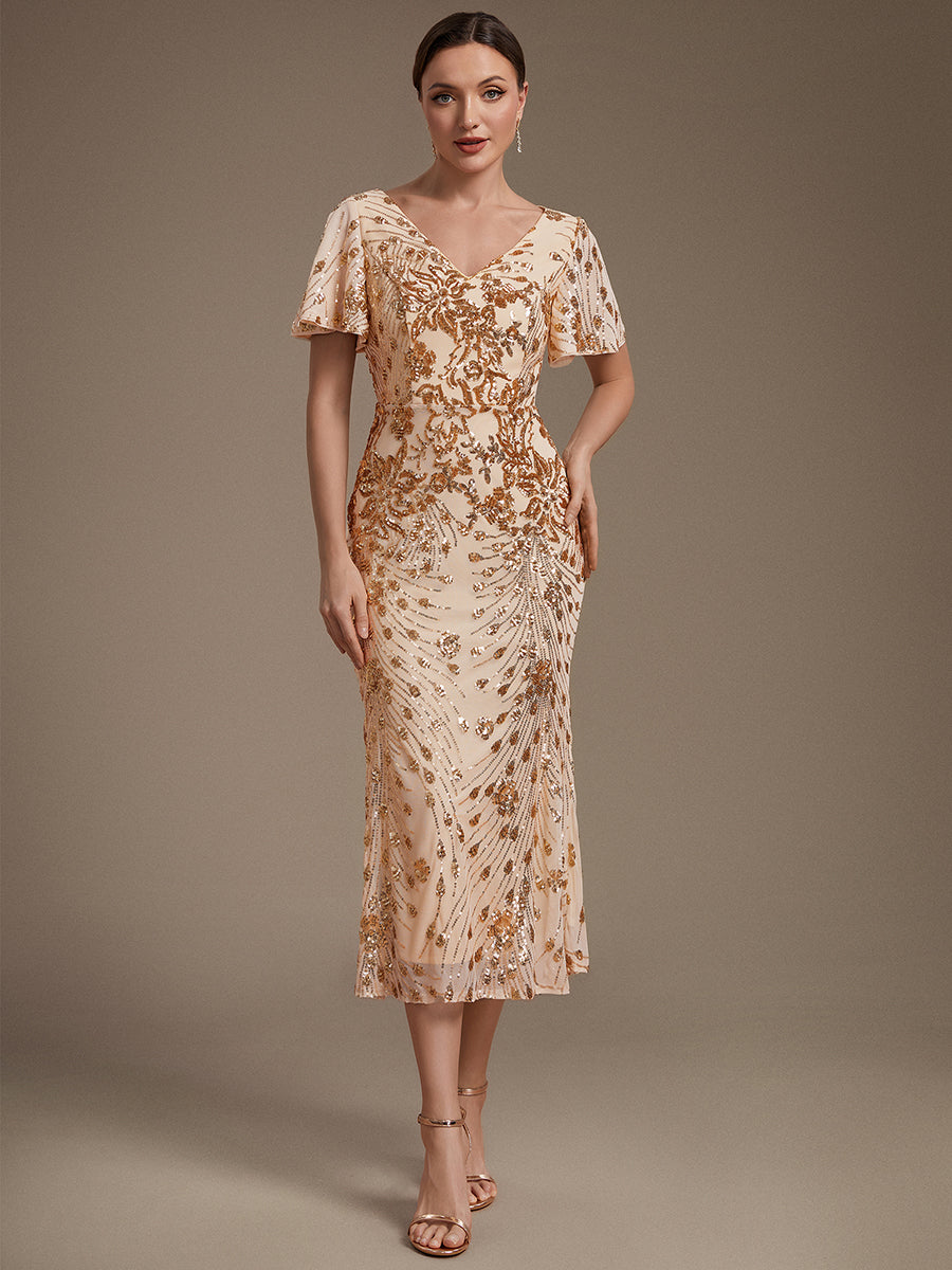 Robe d'invité de mariage trapèze en mousseline fluide à encolure ronde et longueur au genou #Couleur_Dorée