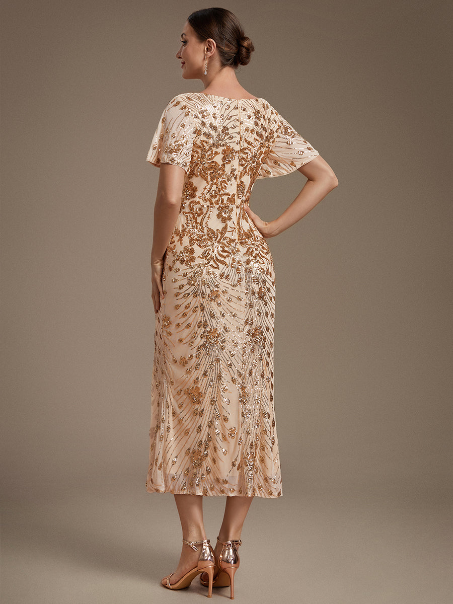 Robe d'invité de mariage trapèze en mousseline fluide à encolure ronde et longueur au genou #Couleur_Dorée