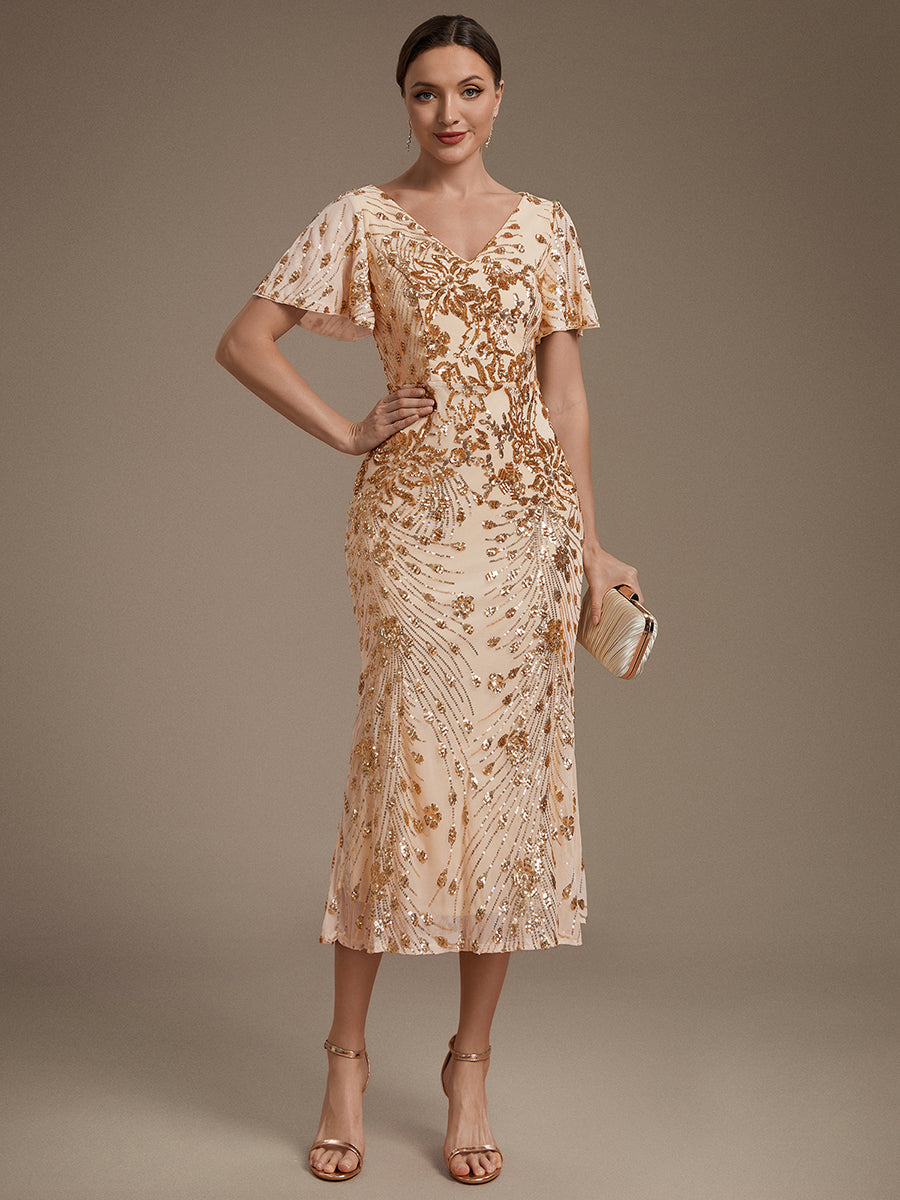 Robe d'invité de mariage trapèze en mousseline fluide à encolure ronde et longueur au genou #Couleur_Dorée
