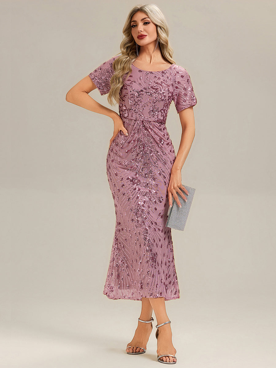 Robe de soirée chic sans bretelles en stretch haut avec détail froncé et col rond longueur midi #Couleur_Orchidee