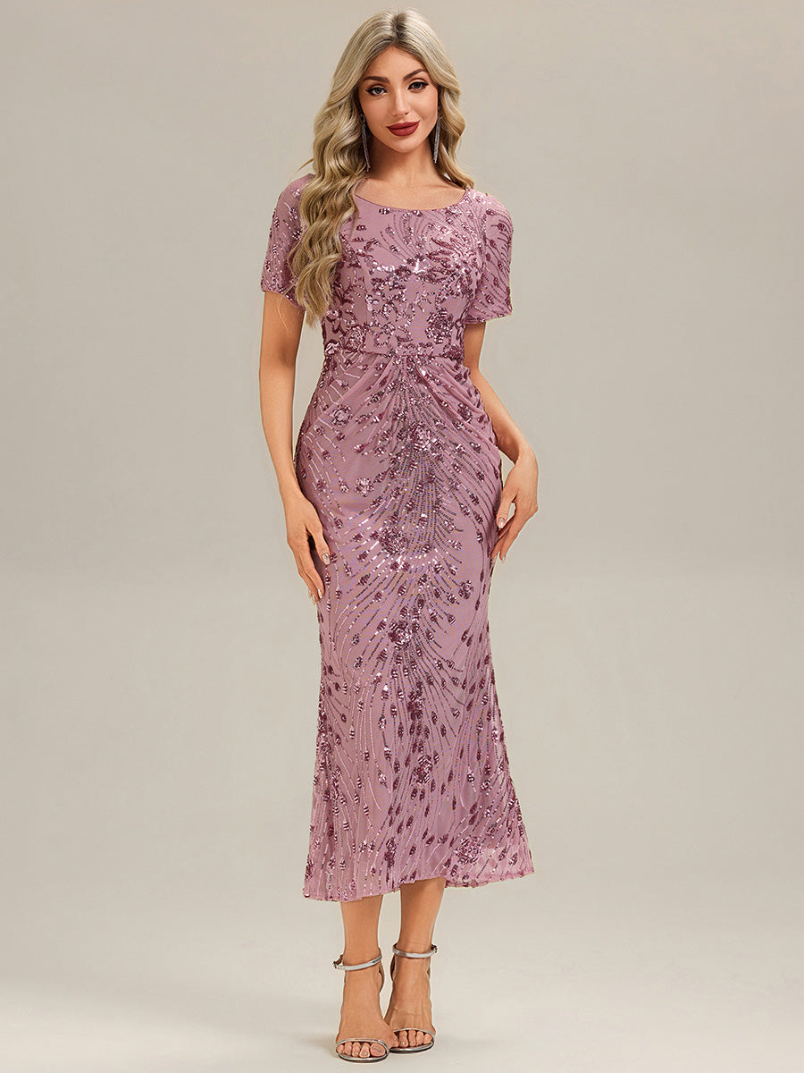 Robe de soirée chic sans bretelles en stretch haut avec détail froncé et col rond longueur midi #Couleur_Orchidee