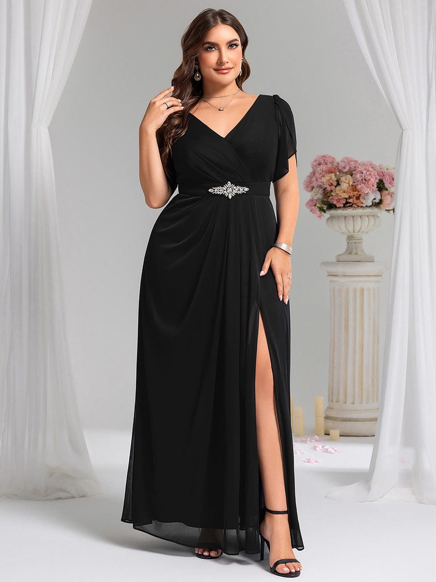 Robe D'invité De Mariage En Mousseline De Soie Mi-Longue Plissée à Manches à Volants Et Col En V  #Couleur_Noir