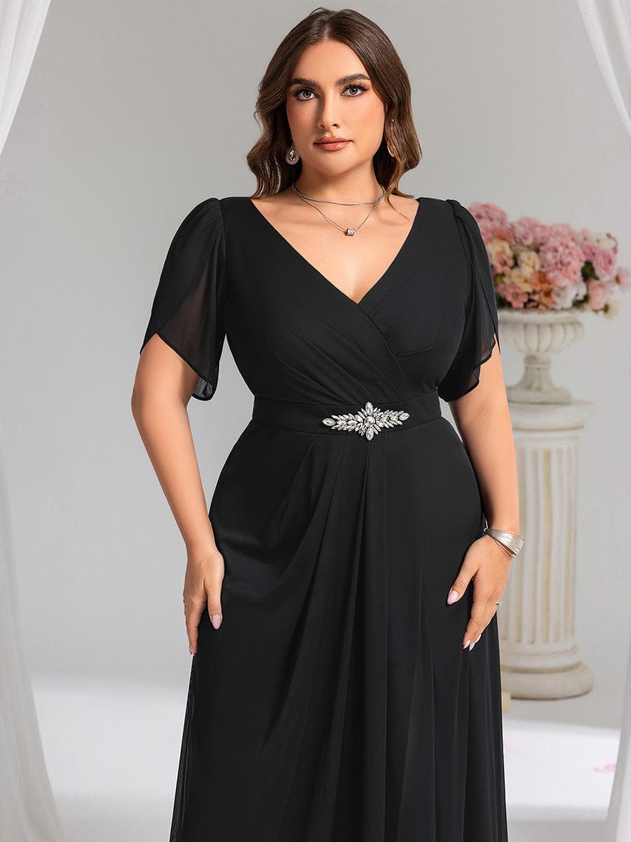 Robe D'invité De Mariage En Mousseline De Soie Mi-Longue Plissée à Manches à Volants Et Col En V  #Couleur_Noir