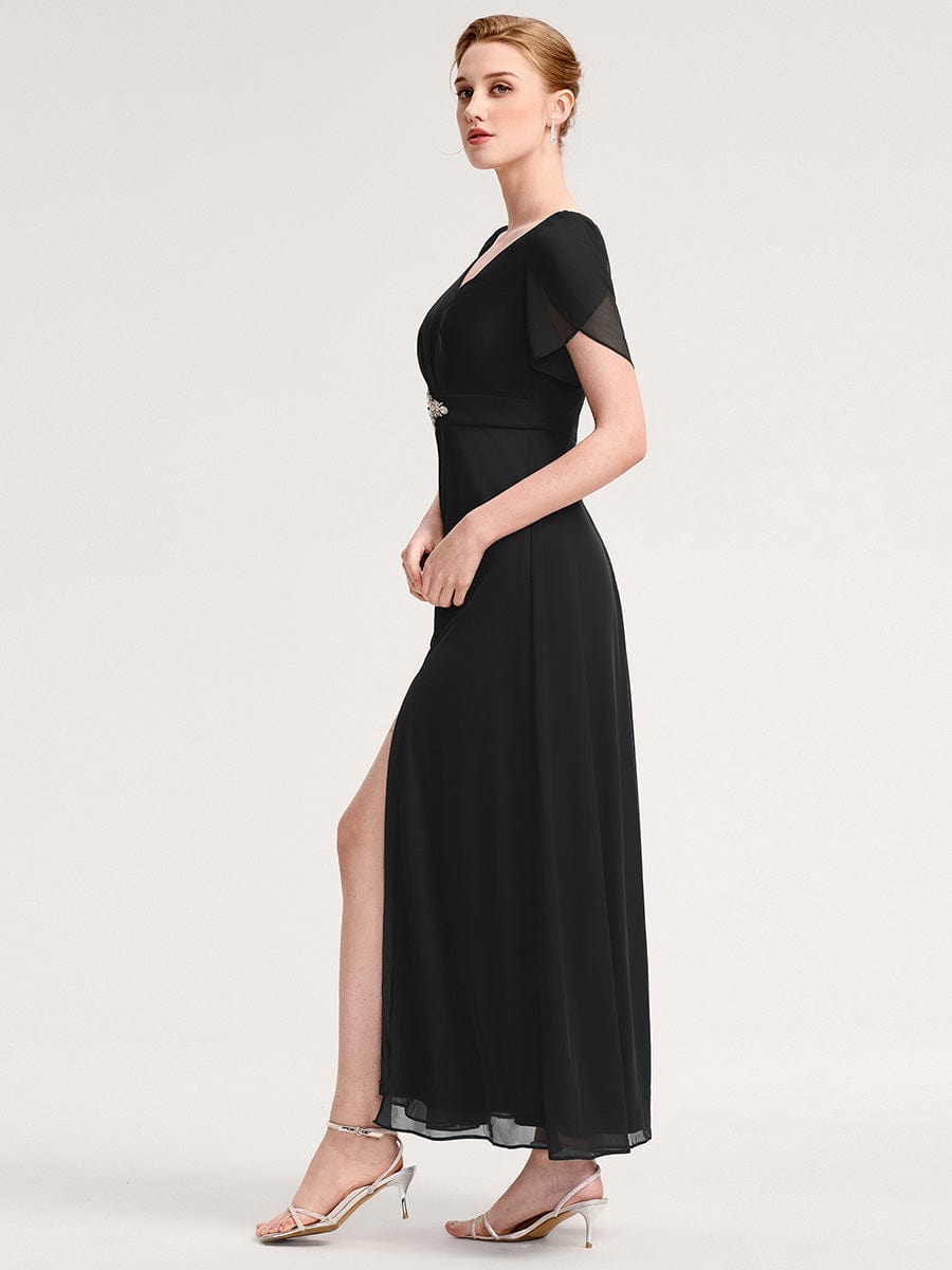 Robe D'invité De Mariage En Mousseline De Soie Mi-Longue Plissée à Manches à Volants Et Col En V  #Couleur_Noir