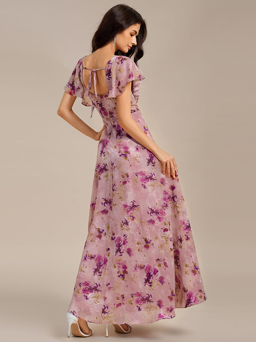 Robe D'invité De Mariage En Mousseline De Soie Mi-Longue Plissée à Manches à Volants Et Col En V  #Couleur_Imprimé lilas clair
