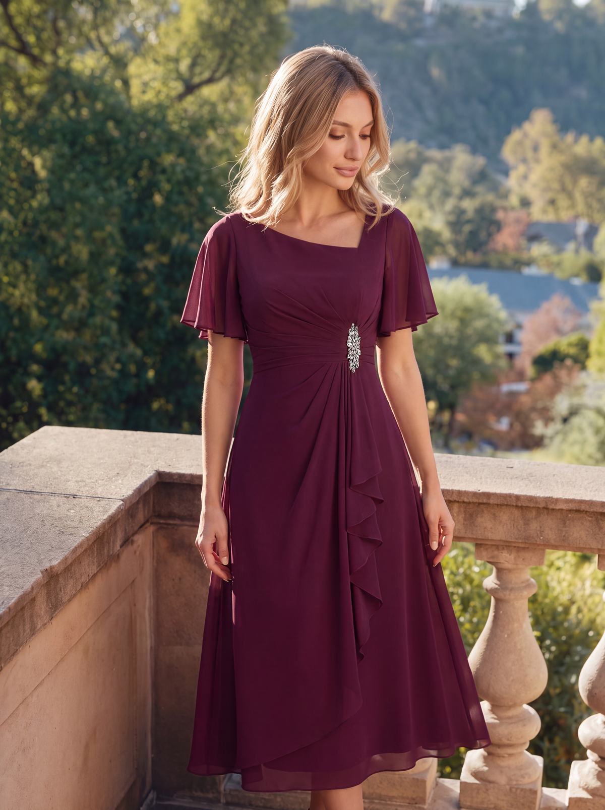 Robe de soirée mi-longue en mousseline de soie à manches courtes #Couleur_Bordeaux