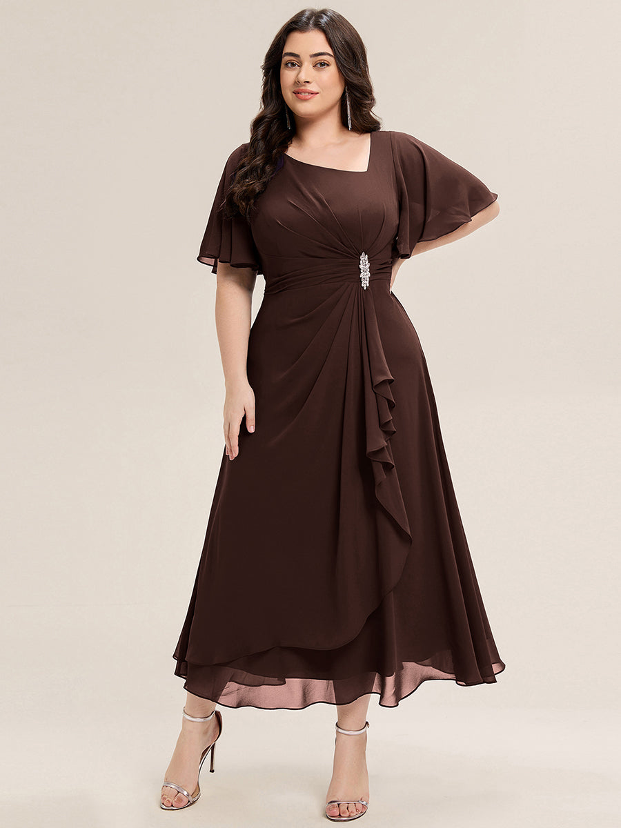 Robe de soirée mi-longue en mousseline de soie à manches courtes #Couleur_Marron chocolat