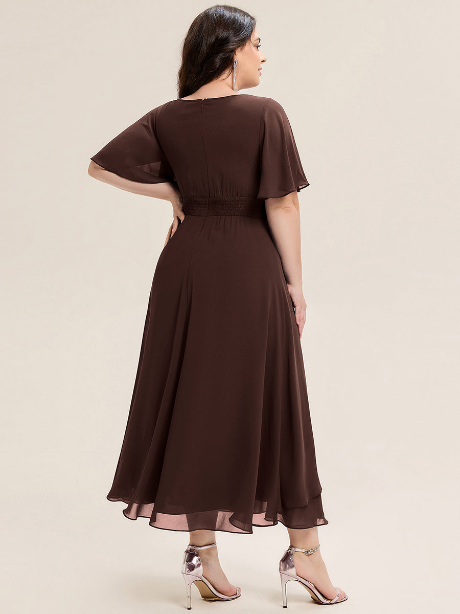 Robe de soirée mi-longue en mousseline de soie à manches courtes #Couleur_Marron chocolat