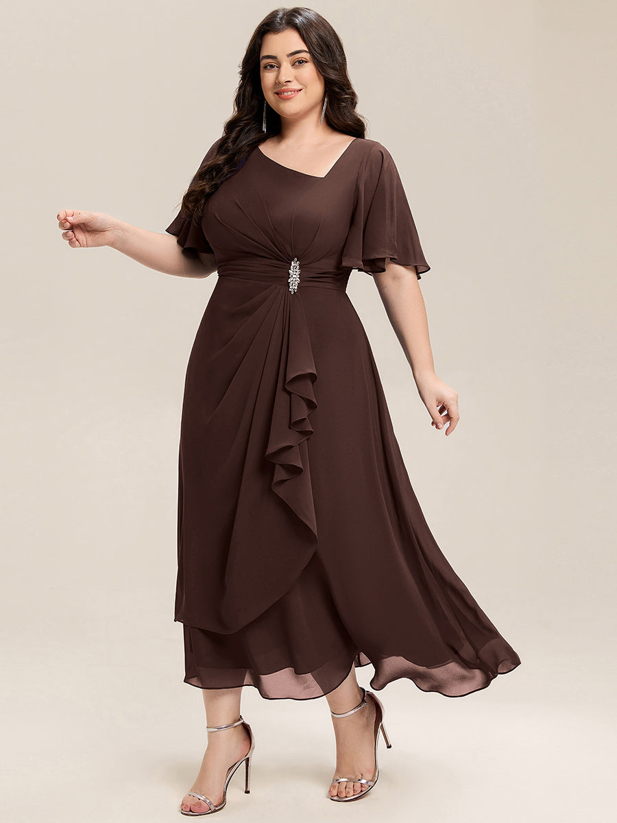 Robe de soirée mi-longue en mousseline de soie à manches courtes #Couleur_Marron chocolat