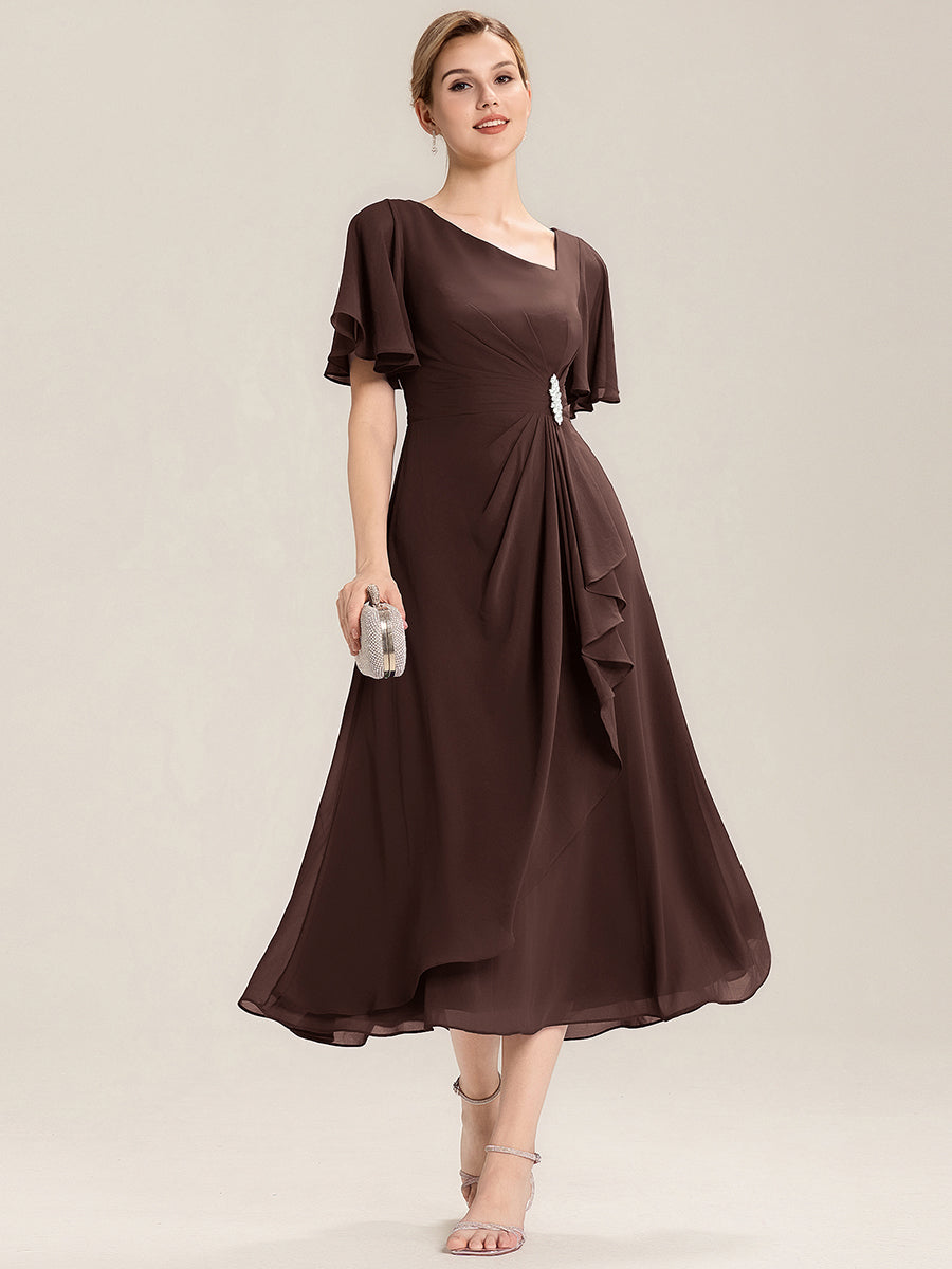 Robe de soirée mi-longue en mousseline de soie à manches courtes #Couleur_Marron chocolat