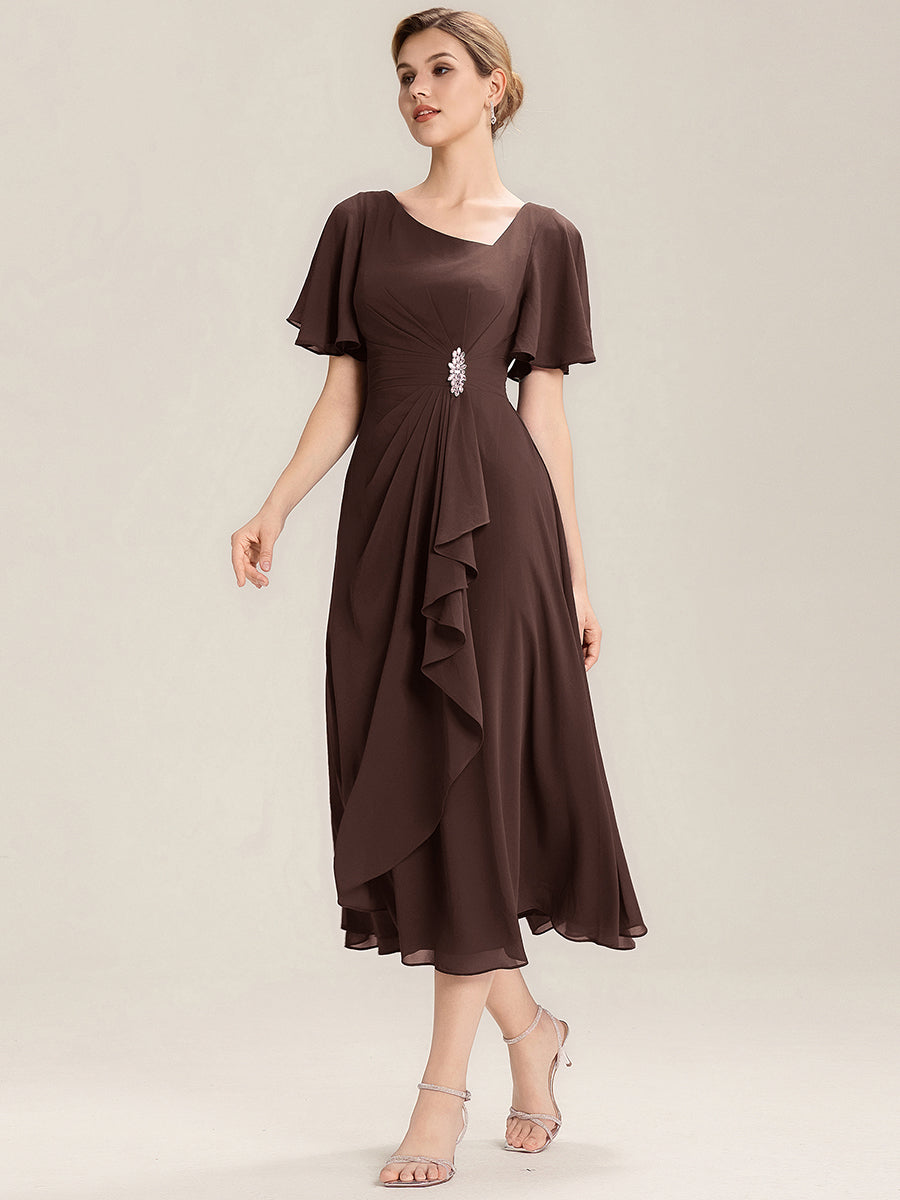 Robe de soirée mi-longue en mousseline de soie à manches courtes #Couleur_Marron chocolat