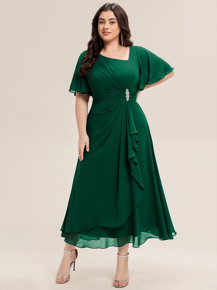 Robe de soirée mi-longue en mousseline de soie à manches courtes #Couleur_Vert Fonce