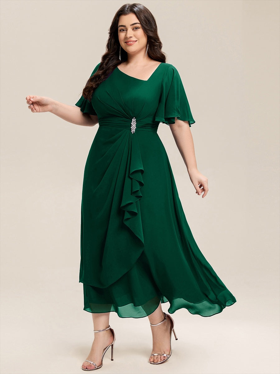 Robe de soirée mi-longue en mousseline de soie à manches courtes #Couleur_Vert Fonce