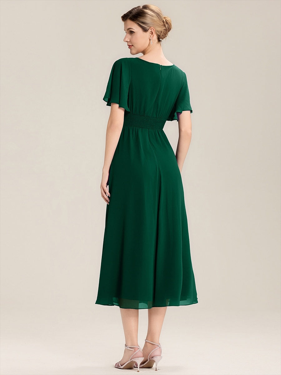 Robe de soirée mi-longue en mousseline de soie à manches courtes #Couleur_Vert Fonce