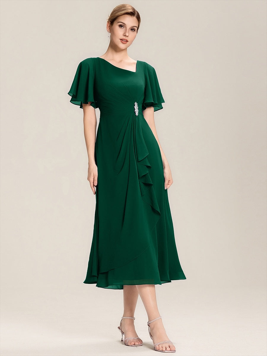 Robe de soirée mi-longue en mousseline de soie à manches courtes #Couleur_Vert Fonce