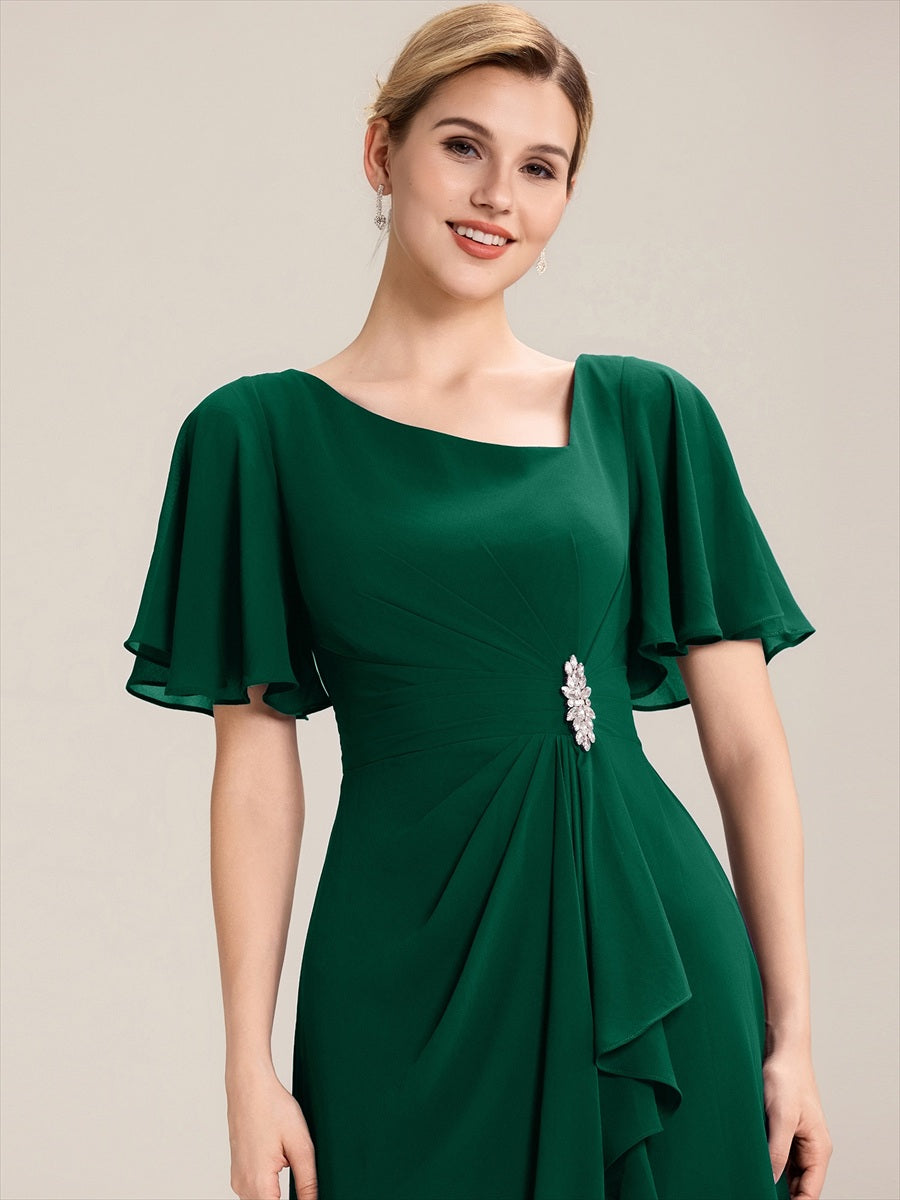 Robe de soirée mi-longue en mousseline de soie à manches courtes #Couleur_Vert Fonce