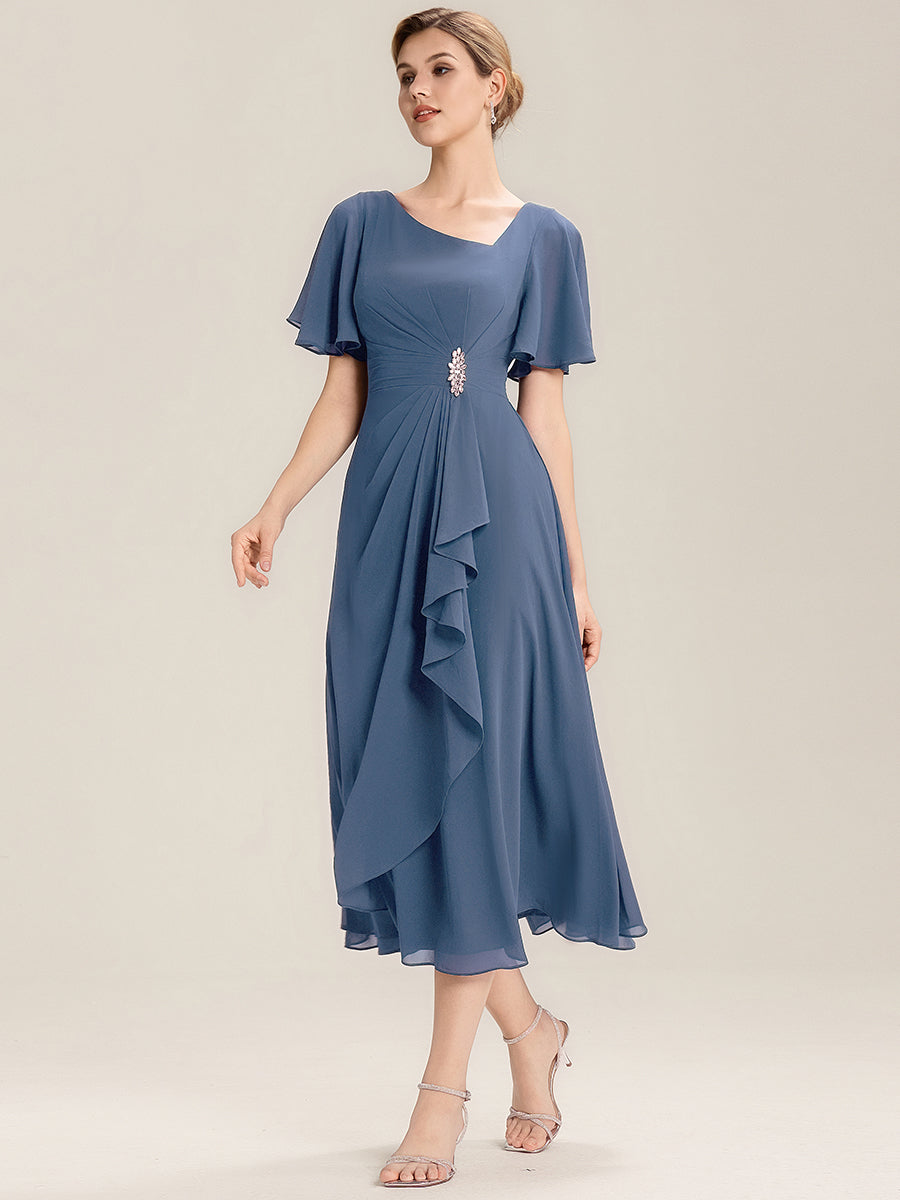 Robe de soirée mi-longue en mousseline de soie à manches courtes #Couleur_Marine Fume