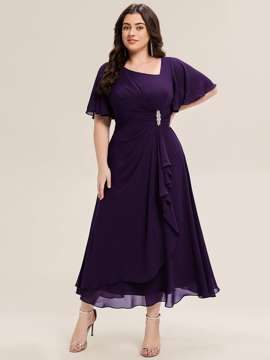 Robe de soirée mi-longue en mousseline de soie à manches courtes #Couleur_Violet Fonce