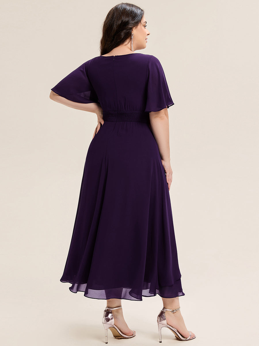 Robe de soirée mi-longue en mousseline de soie à manches courtes #Couleur_Violet Fonce
