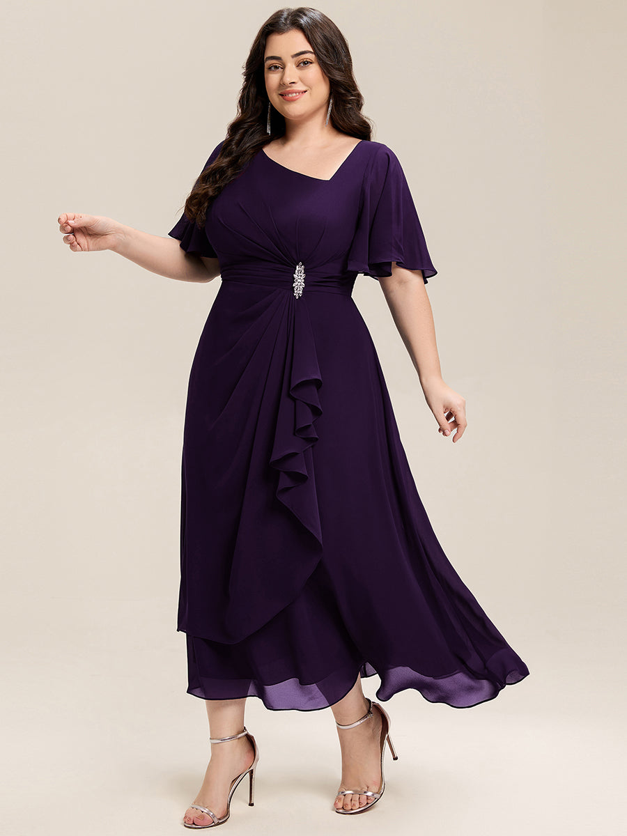 Robe de soirée mi-longue en mousseline de soie à manches courtes #Couleur_Violet Fonce