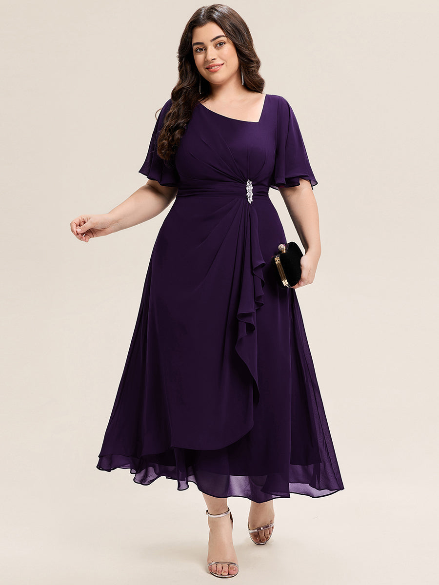 Robe de soirée mi-longue en mousseline de soie à manches courtes #Couleur_Violet Fonce