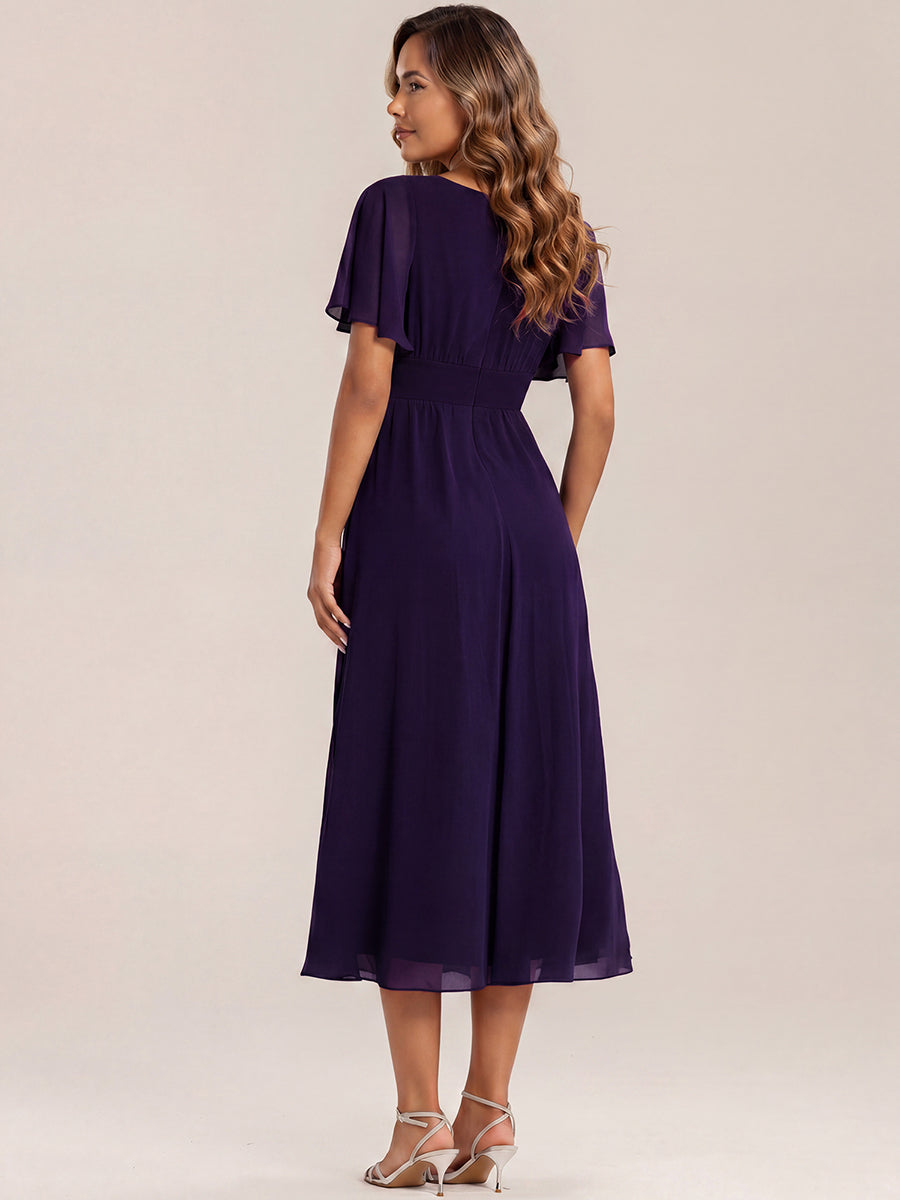 Robe de soirée mi-longue en mousseline de soie à manches courtes #Couleur_Violet Fonce