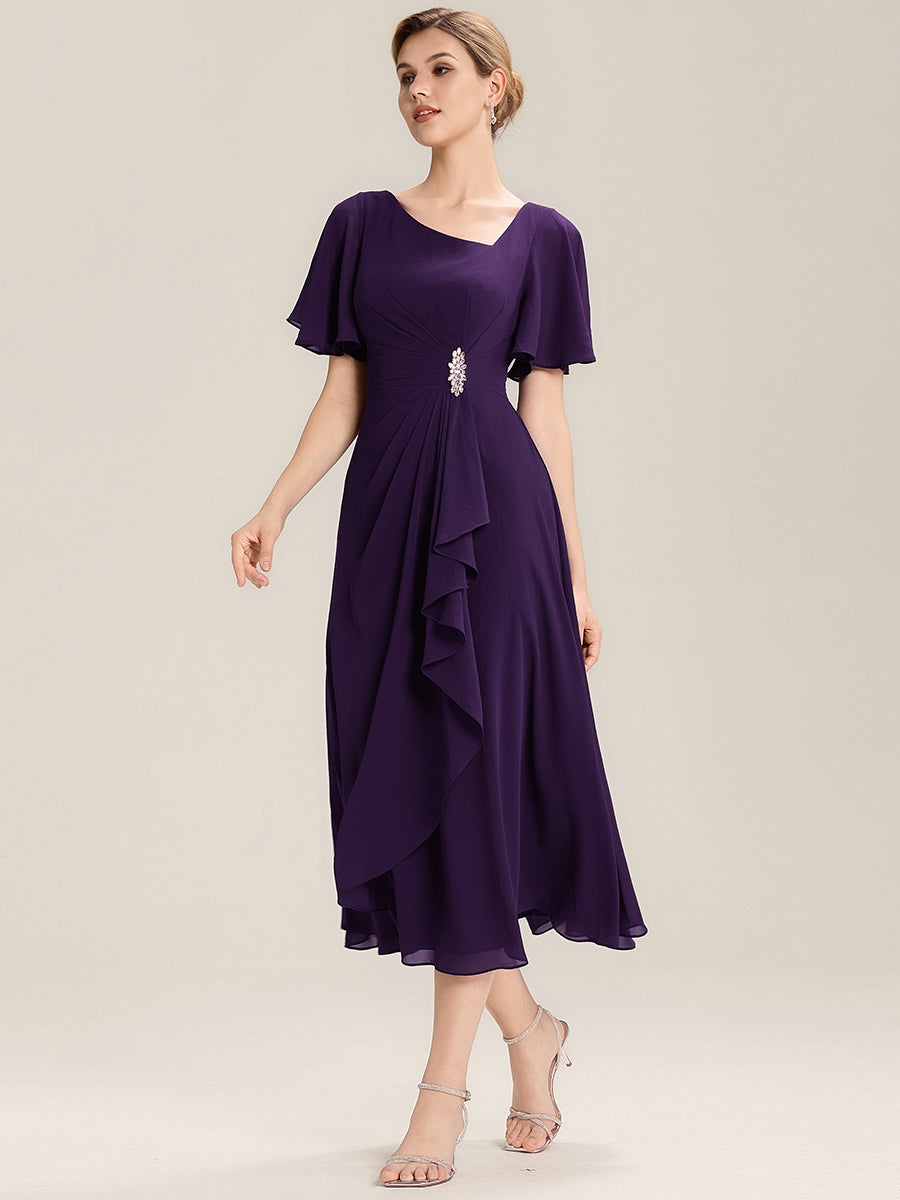 Robe de soirée mi-longue en mousseline de soie à manches courtes #Couleur_Violet Fonce