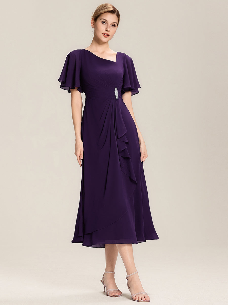 Robe de soirée mi-longue en mousseline de soie à manches courtes #Couleur_Violet Fonce
