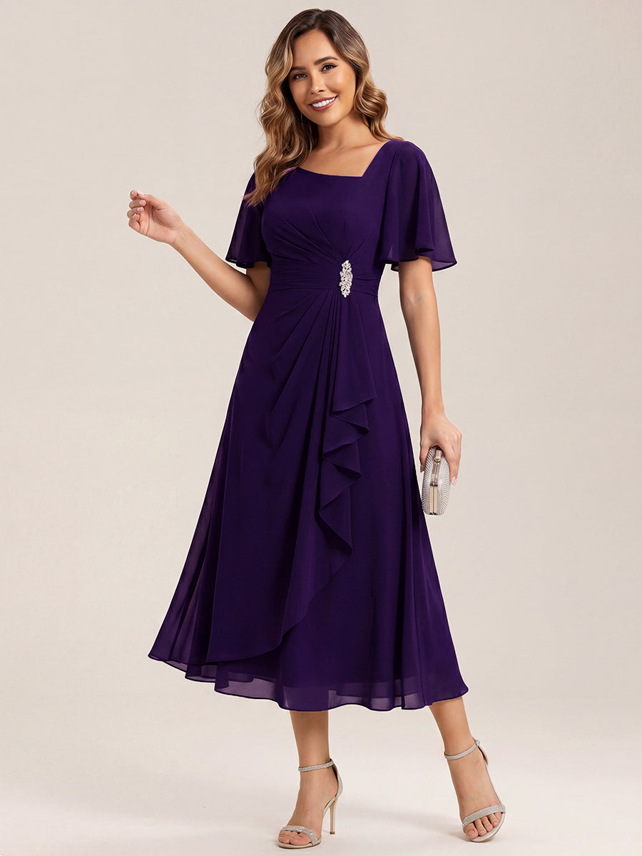 Robe de soirée mi-longue en mousseline de soie à manches courtes #Couleur_Violet Fonce