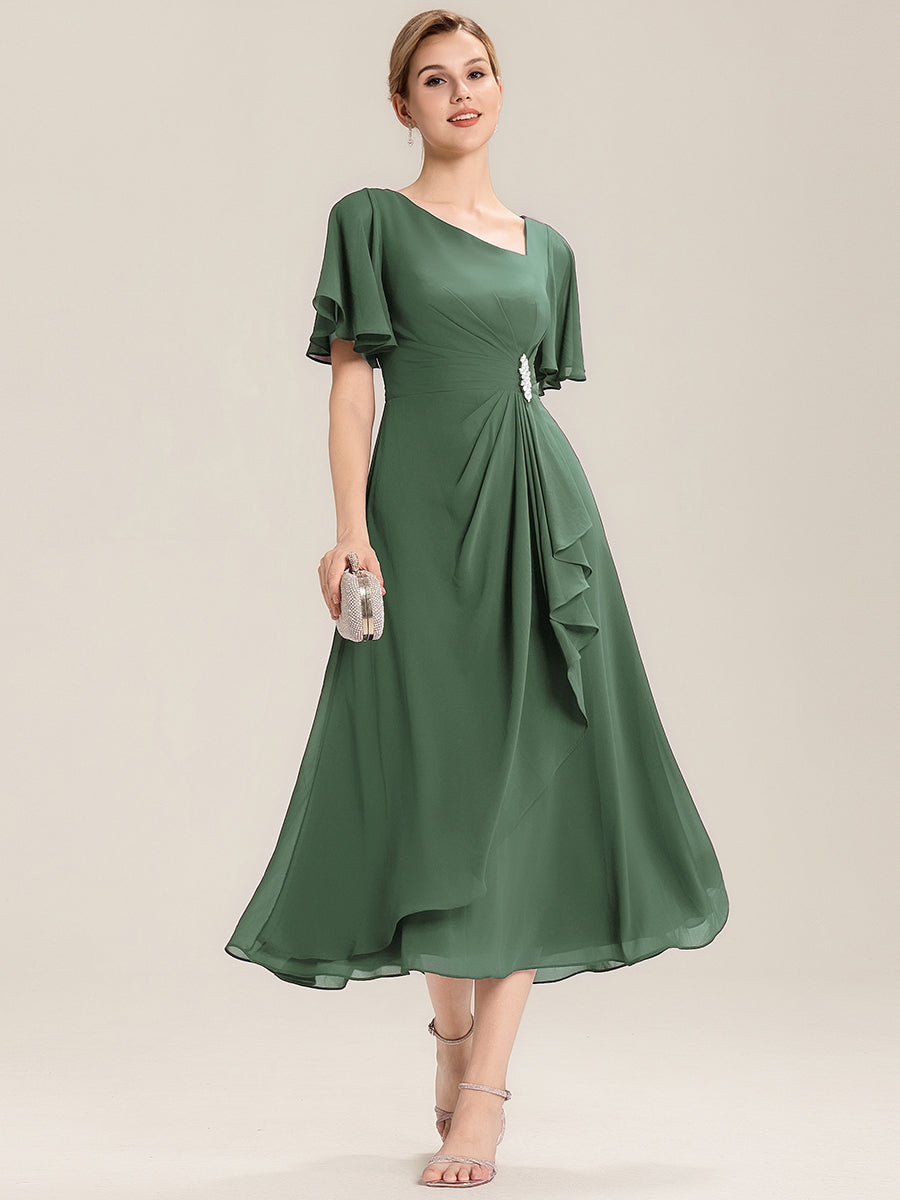 Robe de soirée mi-longue en mousseline de soie à manches courtes #Couleur_Eukalyptus Grün