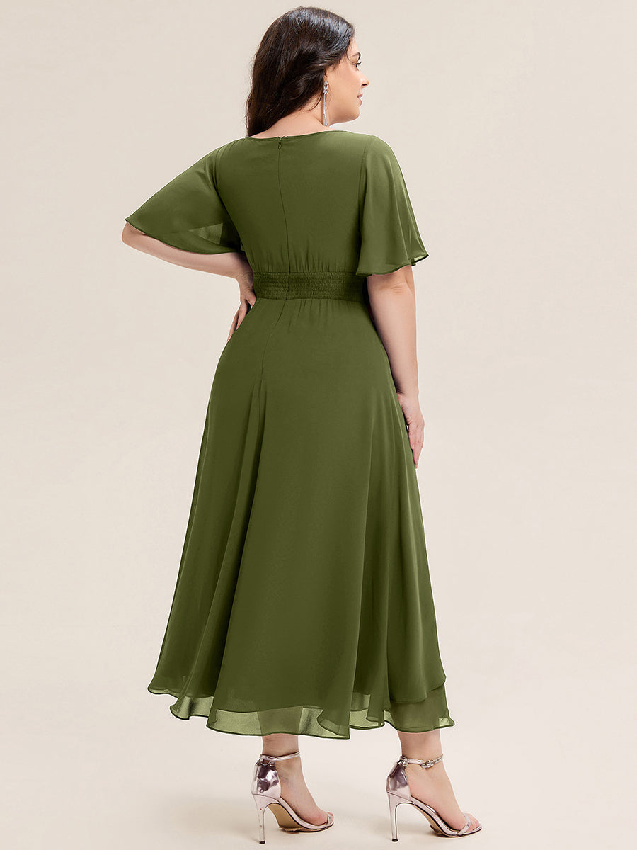 Robe de soirée mi-longue en mousseline de soie à manches courtes #Couleur_Vert Olive