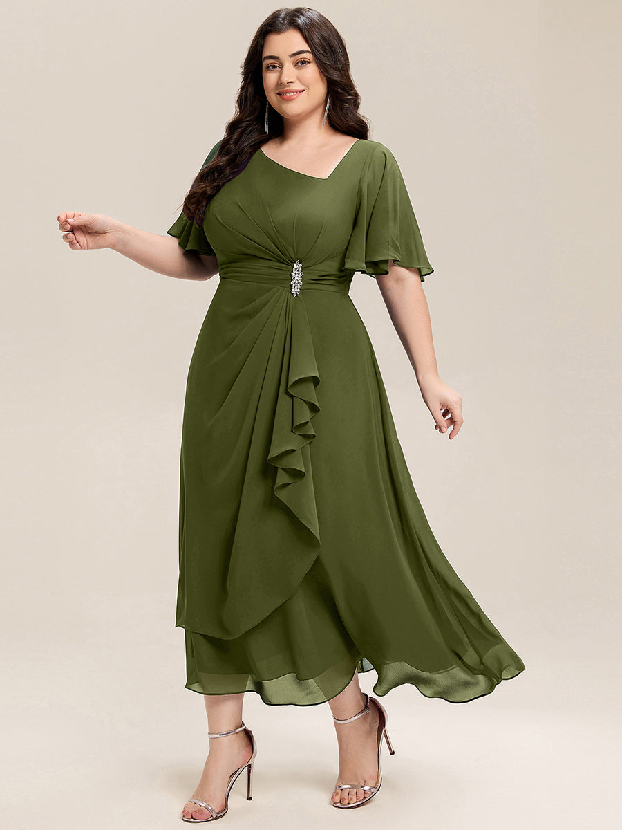 Robe de soirée mi-longue en mousseline de soie à manches courtes #Couleur_Vert Olive
