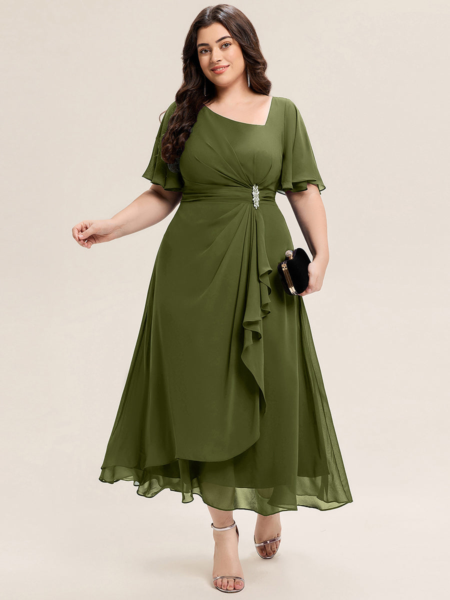 Robe de soirée mi-longue en mousseline de soie à manches courtes #Couleur_Vert Olive