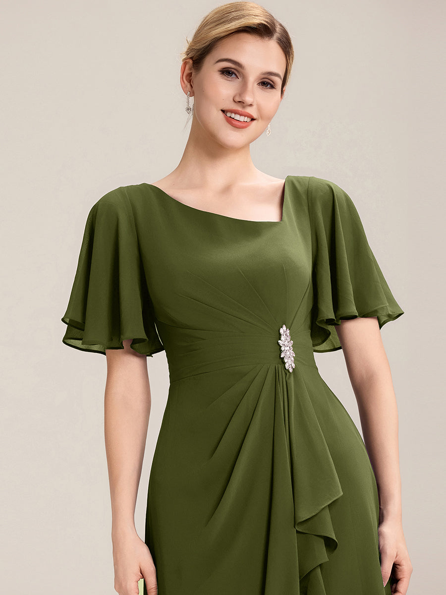 Robe de soirée mi-longue en mousseline de soie à manches courtes #Couleur_Vert Olive
