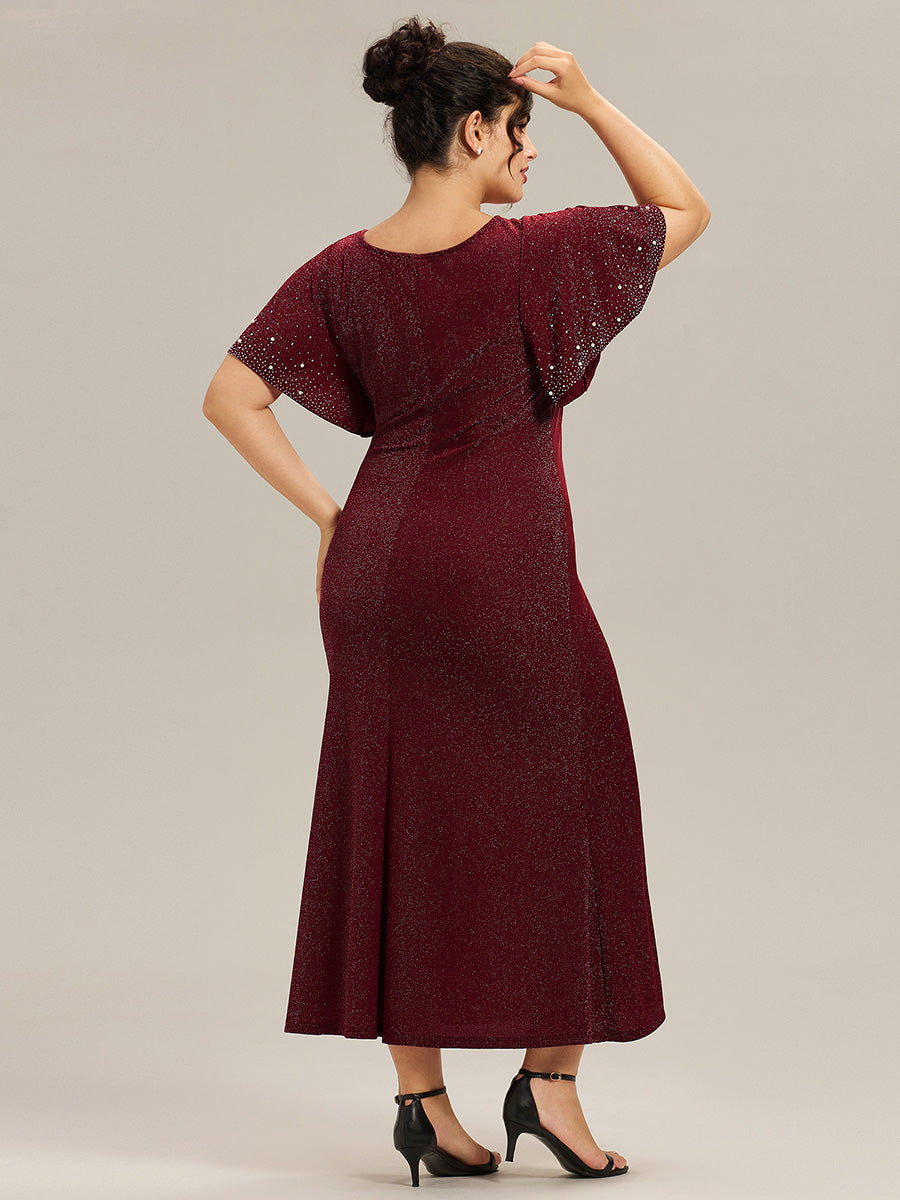 Robe de soirée grande taille en maille perlée #Couleur_Bordeaux