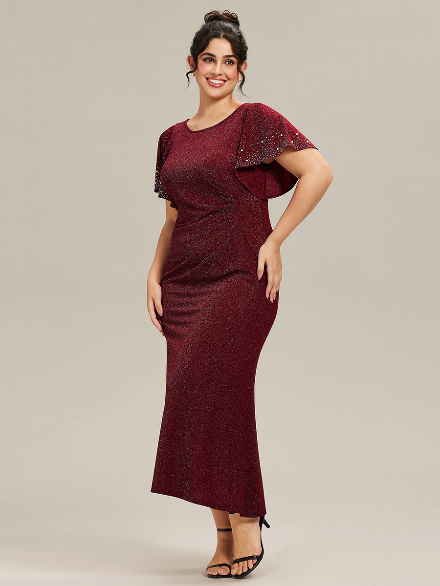 Robe de soirée grande taille en maille perlée #Couleur_Bordeaux
