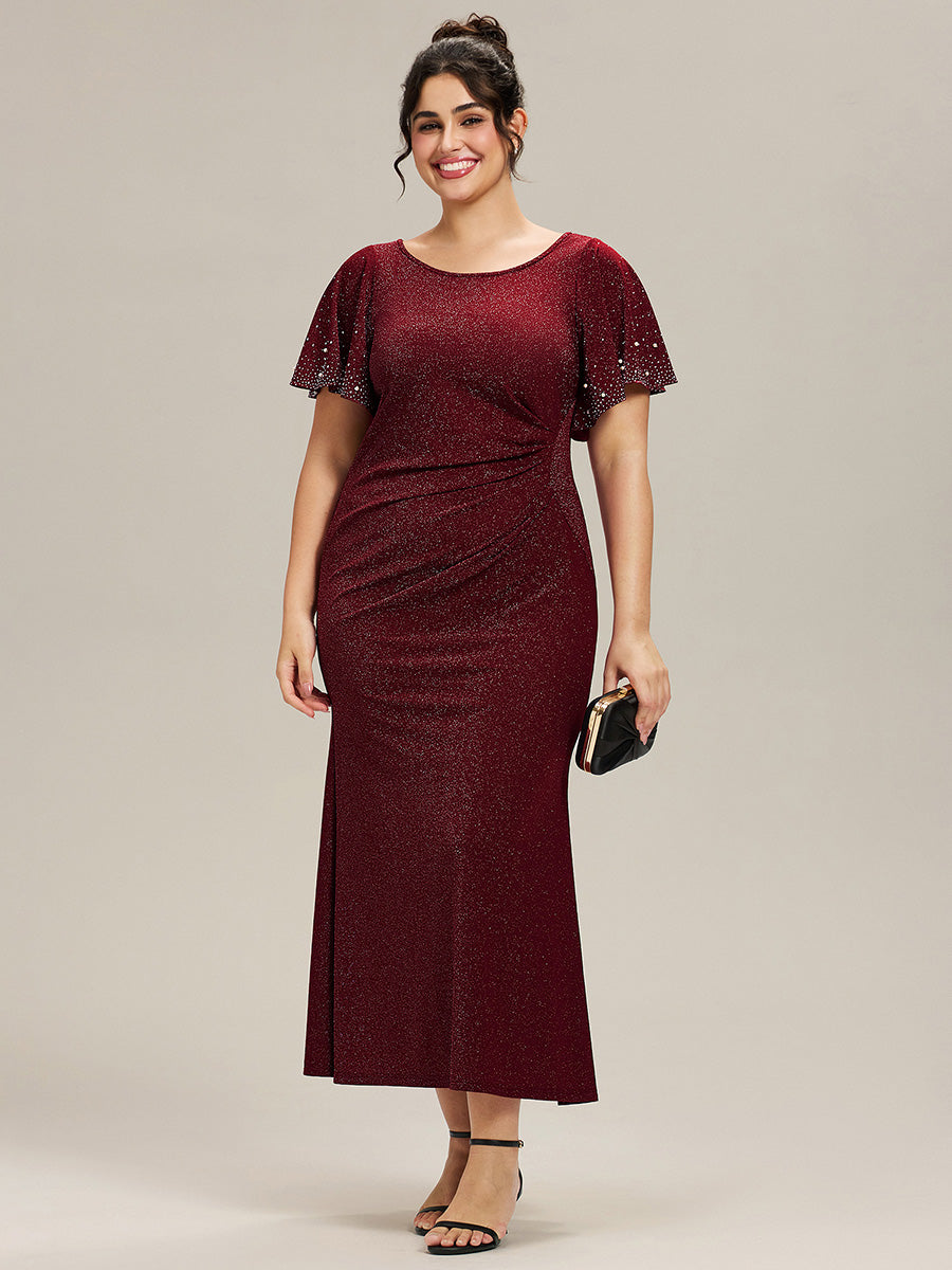 Robe de soirée grande taille en maille perlée #Couleur_Bordeaux