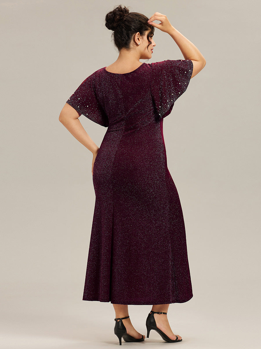 Robe de soirée grande taille en maille perlée #Couleur_Violet Fonce