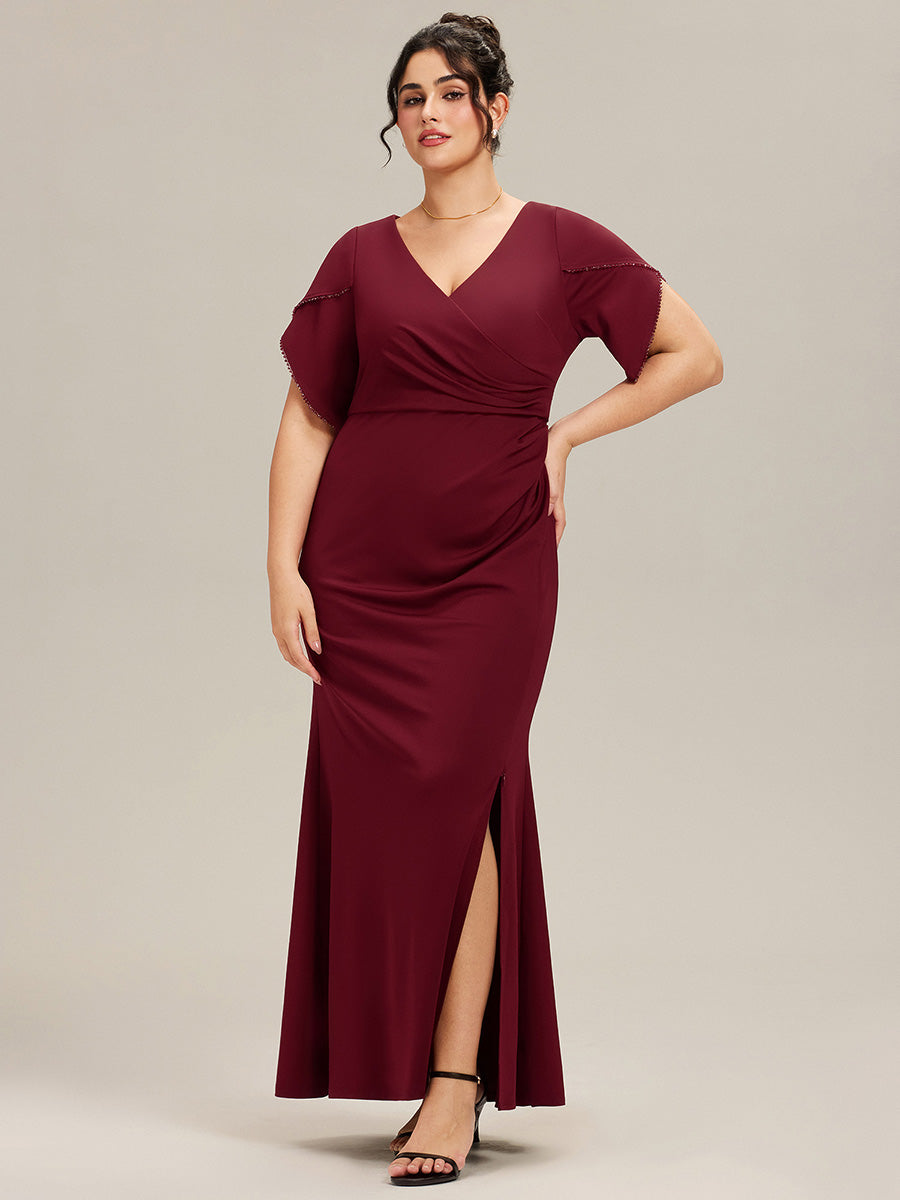 Robe de soirée fendue à manches tulipes jusqu'aux cuisses #Couleur_Bordeaux