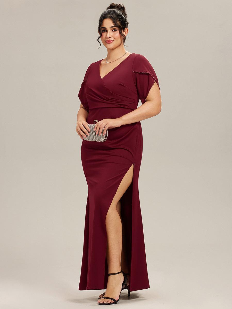 Robe de soirée fendue à manches tulipes jusqu'aux cuisses #Couleur_Bordeaux