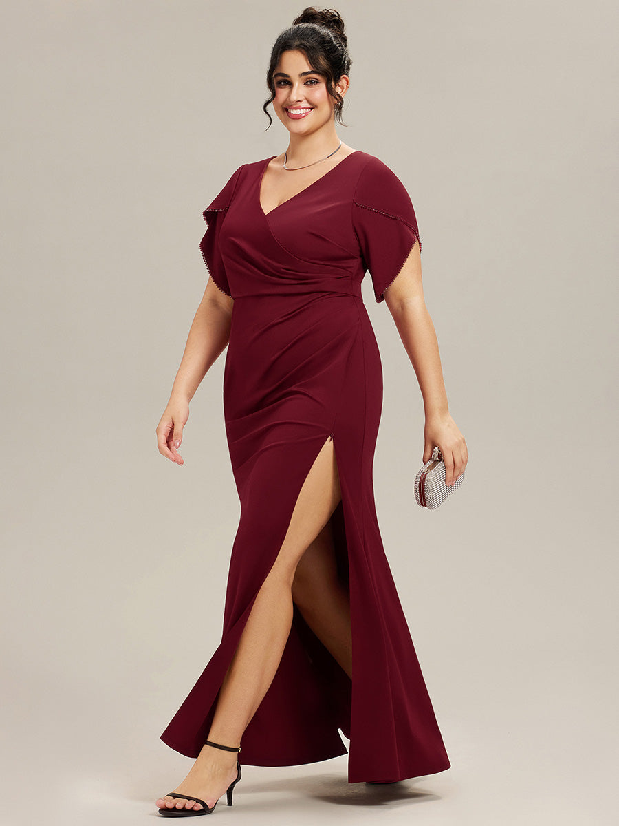 Robe de soirée fendue à manches tulipes jusqu'aux cuisses #Couleur_Bordeaux
