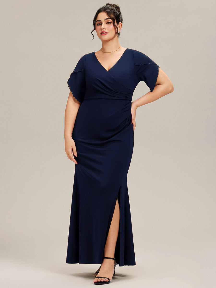 Robe de soirée fendue à manches tulipes jusqu'aux cuisses #Couleur_Bleu Marine