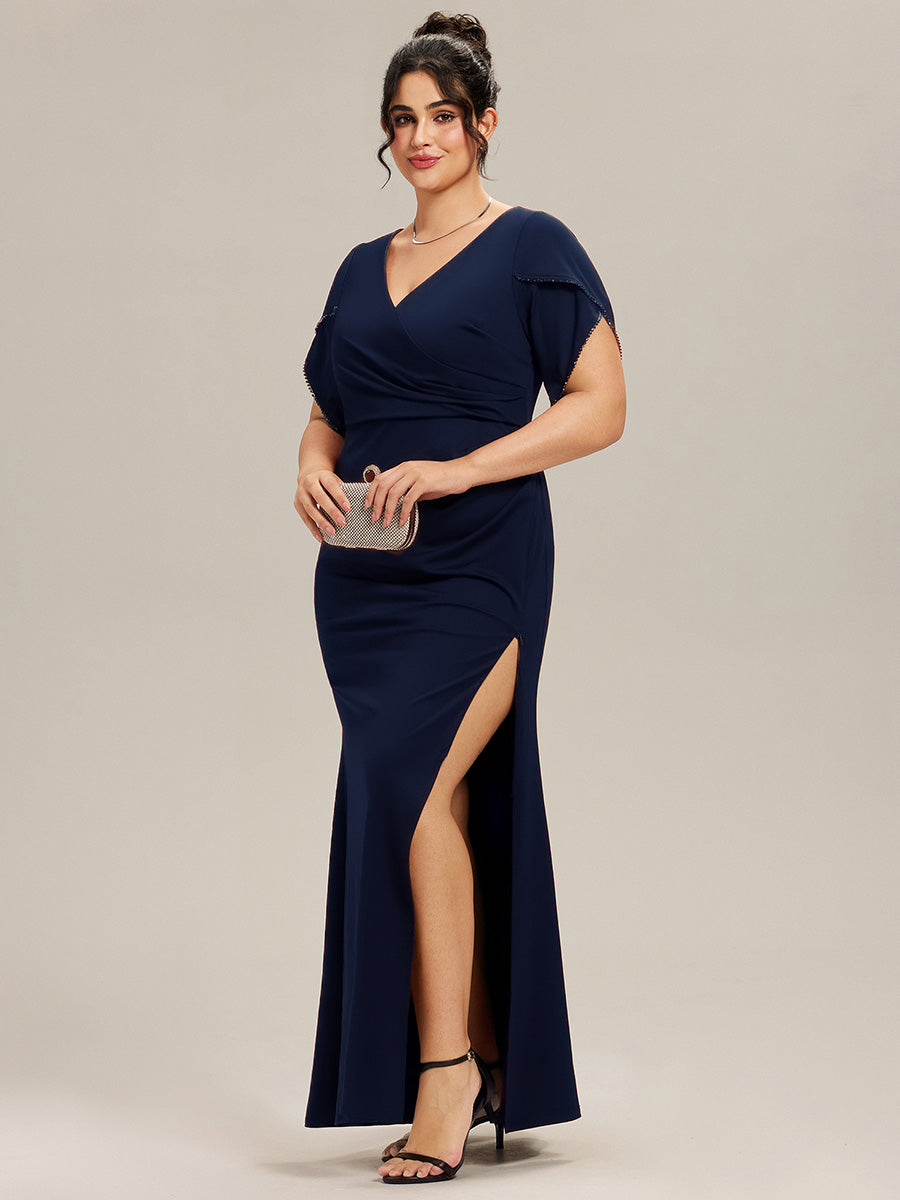 Robe de soirée fendue à manches tulipes jusqu'aux cuisses #Couleur_Bleu Marine