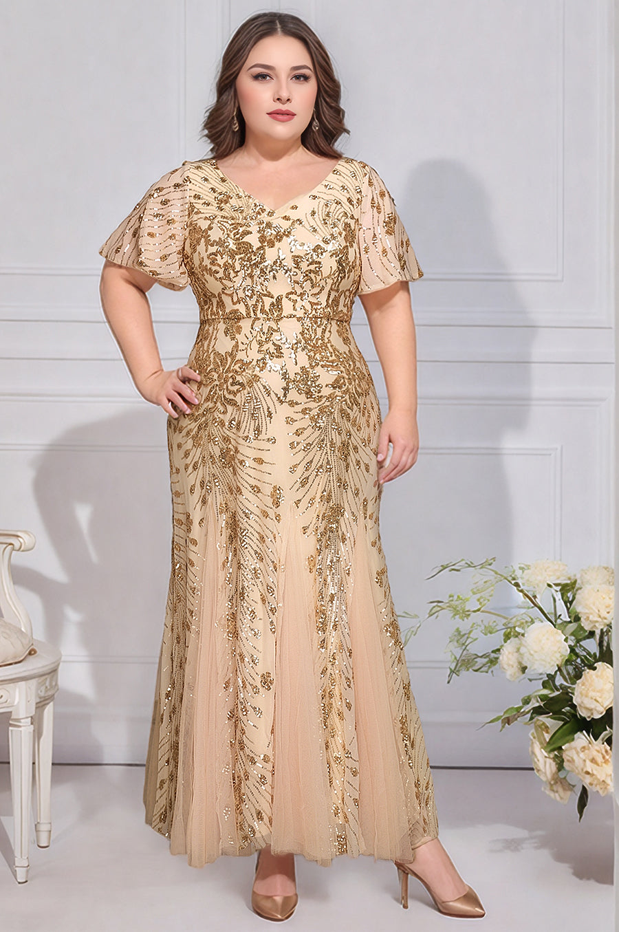 Robe de soirée brodée à paillettes et manches à volants #Couleur_Dorée