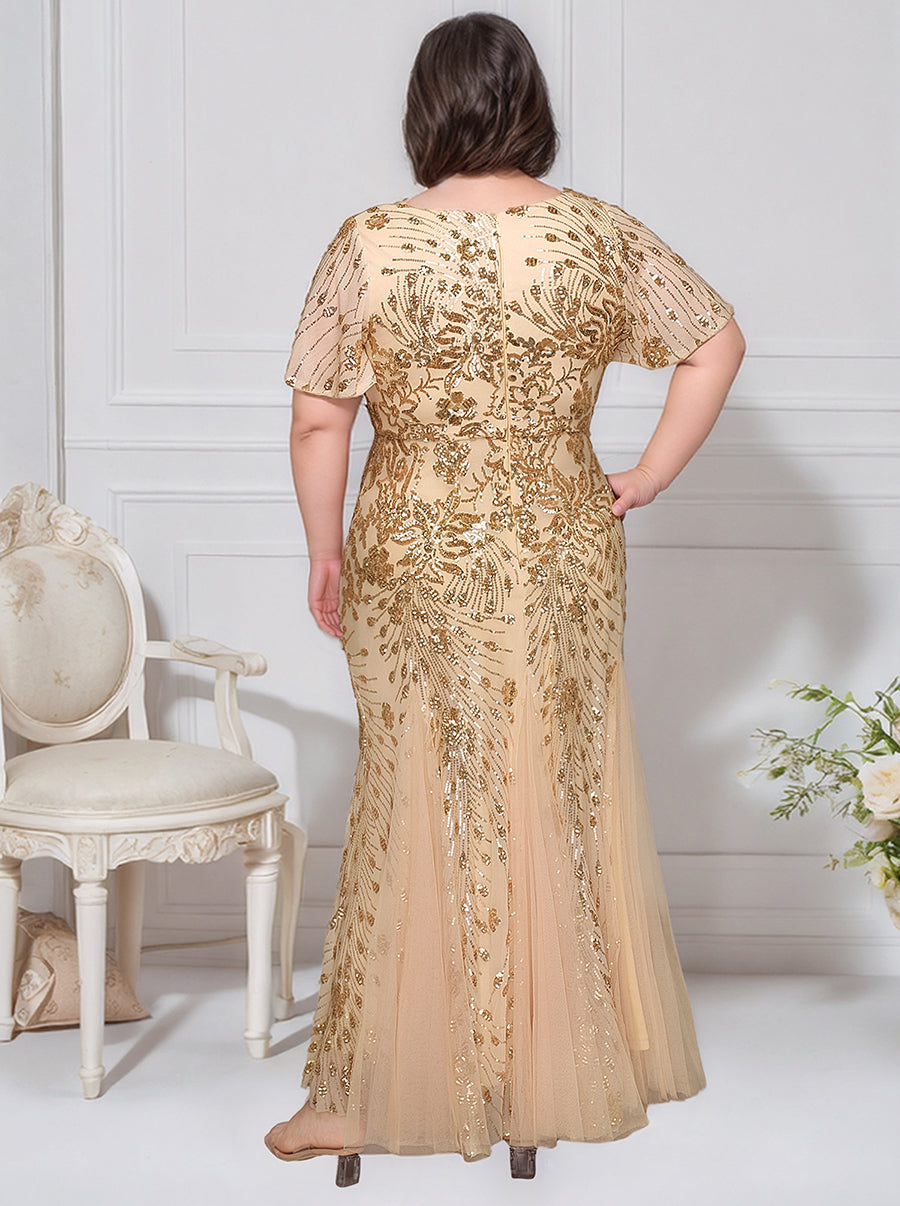 Robe de soirée brodée à paillettes et manches à volants #Couleur_Dorée