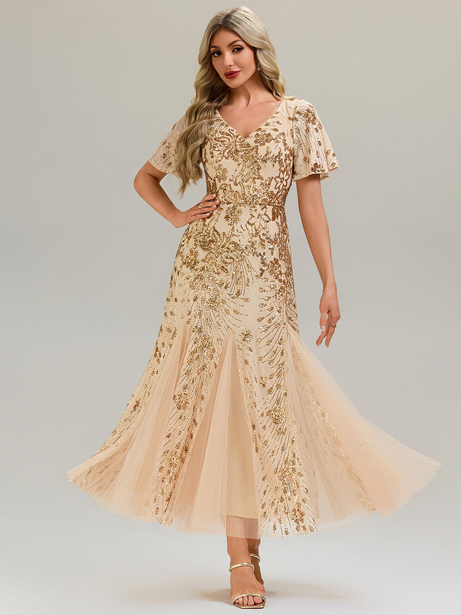 Robe de soirée brodée à paillettes et manches à volants #Couleur_Dorée