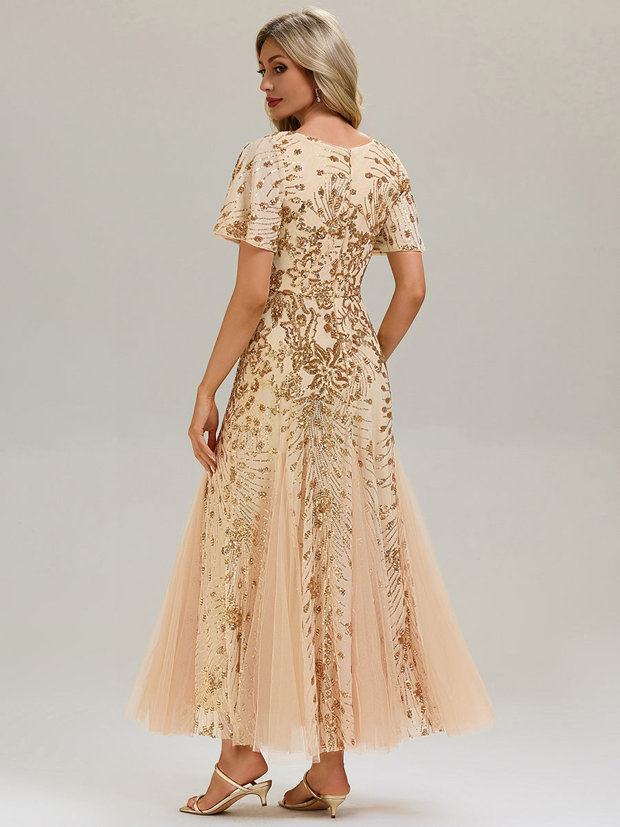 Robe de soirée brodée à paillettes et manches à volants #Couleur_Dorée
